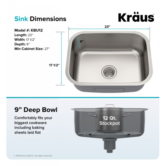 Kraus KBU12 23" Single Bowl Undermount Stainless Steel Rectangular Kitchen Sink