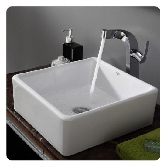Kraus KCV-120 White Ceramic 15" Square Single Bowl Vessel Bathroom Sink