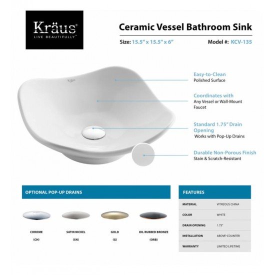 Kraus KCV-135 White Ceramic 15 1/2" Round Tulip Single Bowl Vessel Bathroom Sink