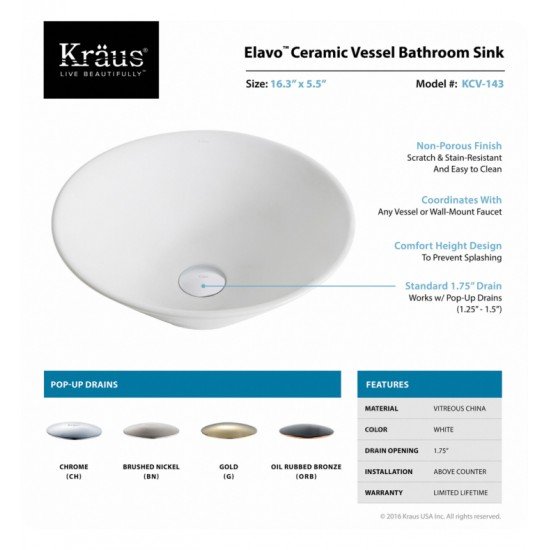 Kraus KCV-143 Elavo 16 3/8" Round Single Bowl Vessel Bathroom Sink