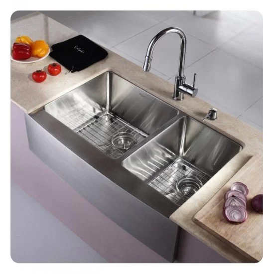 Kraus Khf203 33 32 7 8 Double Bowl, Kraus 33 Inch Farmhouse Double Bowl Stainless Steel Kitchen Sink