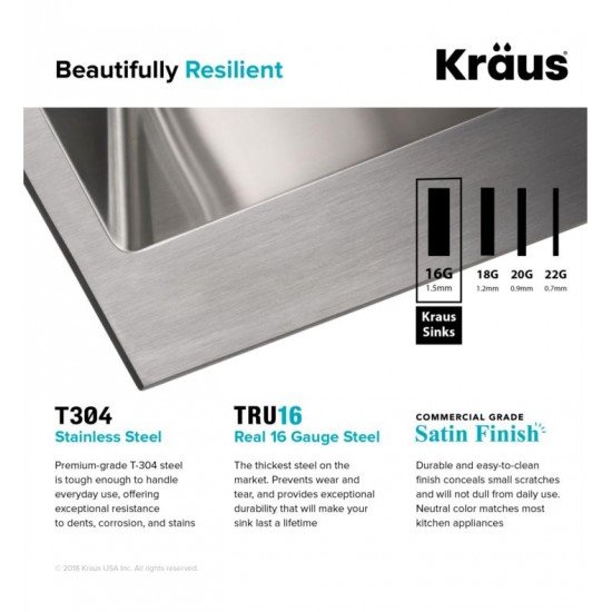 Kraus KHT301-18 Standart Pro 18" Single Bowl Drop-In Stainless Steel Square Kitchen Sink
