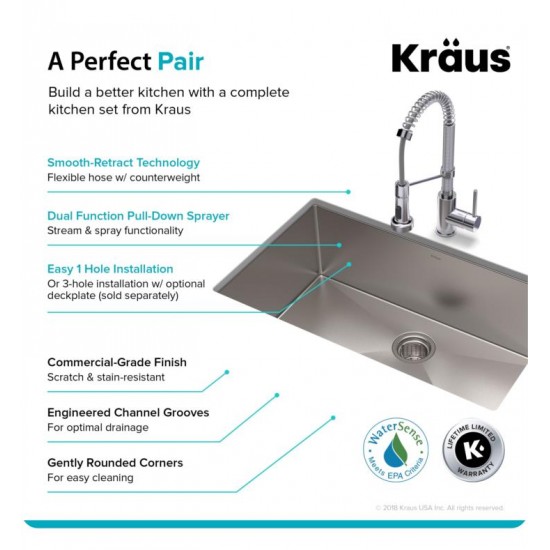 Kraus KHU100-32-1610-53 Standart Pro 32" Single Bowl Undermount Stainless Steel Kitchen Sink with Pull-Down Kitchen Faucet and Soap Dispenser