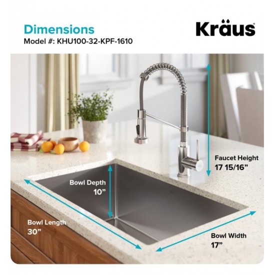 Kraus KHU100-32-1610-53 Standart Pro 32" Single Bowl Undermount Stainless Steel Kitchen Sink with Pull-Down Kitchen Faucet and Soap Dispenser