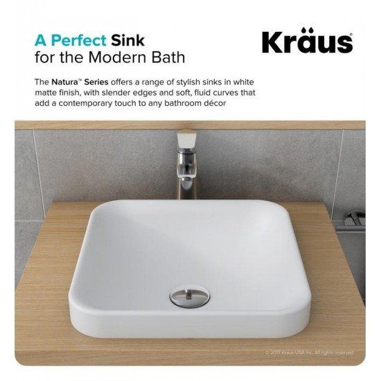 Kraus KSR-9MW Natura 14 5/8" Solid Surface Stone Nano Coating Semi-Recessed Square Bathroom Sink in Matte White