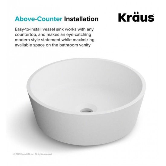 Kraus KSV-1MW Natura 15" Solid Surface Stone Nano Coating Vessel Round Bathroom Sink in Matte White