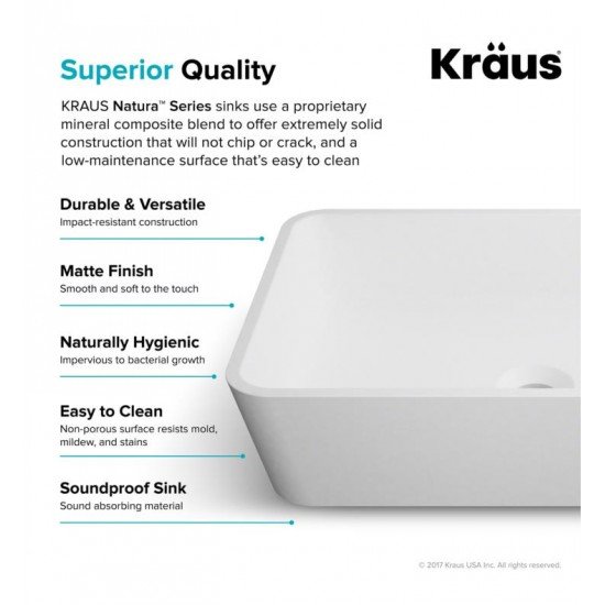 Kraus KSV-2MW Natura 20" Solid Surface Stone Nano Coating Vessel Rectangle Bathroom Sink in Matte White