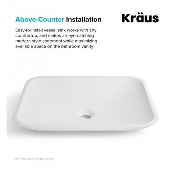 Kraus KSV-4MW Natura 19 5/8" Solid Surface Stone Nano Coating Vessel Rectangle Bathroom Sink in Matte White