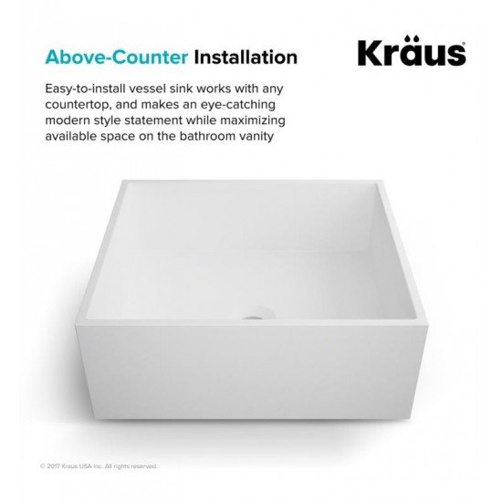 Kraus KSV-5MW Natura 16 3/4" Solid Surface Stone Nano Coating Vessel Square Bathroom Sink in Matte White