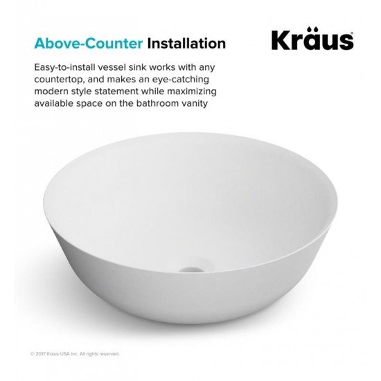 Kraus KSV-6MW Natura 16 3/8" Solid Surface Stone Nano Coating Vessel Round Bathroom Sink in Matte White