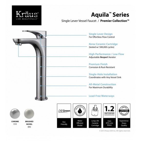 Kraus FVS-13900 Aquila 5 3/8" 1.2 GPM Single Hole Vessel Bathroom Sink Faucet
