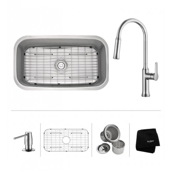 Kraus KBU14-1630-42 31 1/2" Single Bowl Undermount Stainless Steel Kitchen Sink with Nola Pull-Down Faucet and Soap Dispenser