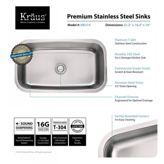 Kraus KBU14-1630-42 31 1/2" Single Bowl Undermount Stainless Steel Kitchen Sink with Nola Pull-Down Faucet and Soap Dispenser