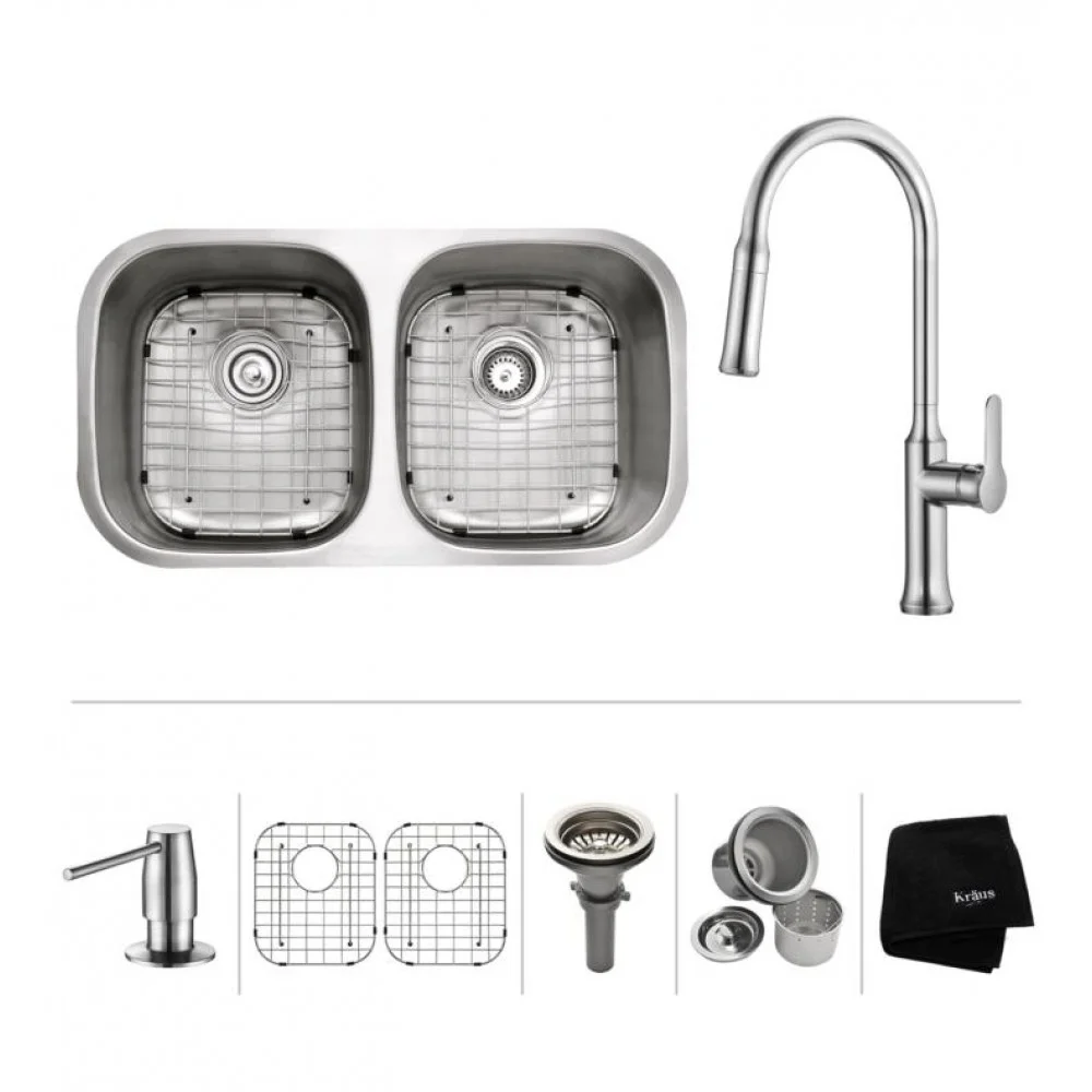 Kraus KBU32 Double Bowl Kitchen Sink with NoiseDefend™, Wear-Resistant  Finish, Low Divider and T304 Stainless Steel