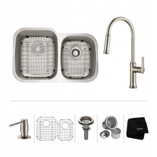 Kraus KBU24-1630-42 32" Double Bowl Undermount Stainless Steel Kitchen Sink with Nola Pull Down Kitchen Faucet and Soap Dispenser