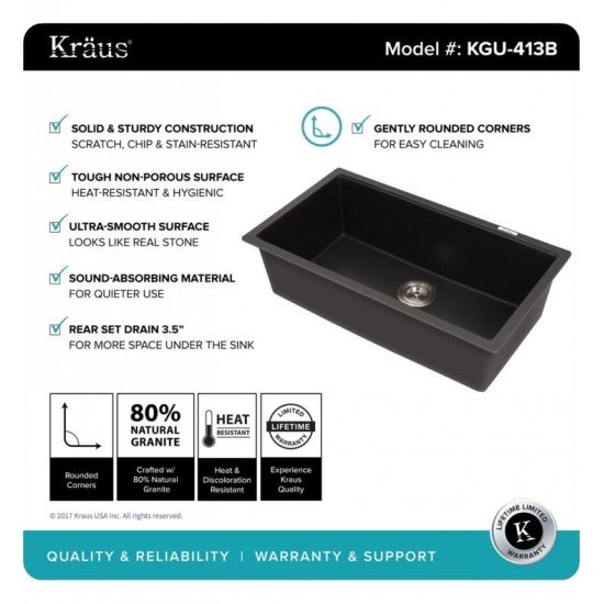 Kraus KGU-413B-1630-42 30 1/2" Single Bowl Undermount Black Onyx Granite Kitchen Sink with Pull Down Faucet and Soap Dispenser