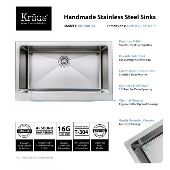 Kraus KHF200-33-1630-42 32 7/8" Single Bowl Farmhouse Stainless Steel Kitchen Sink with Nola Pull Down Kitchen Faucet and Soap Dispenser