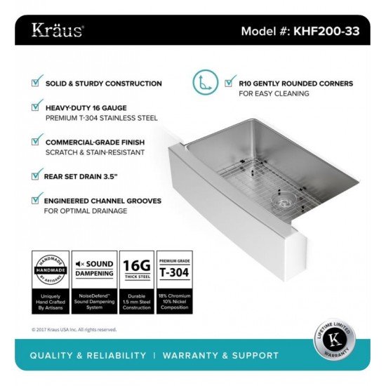 Kraus KHF200-33-1630-42 32 7/8" Single Bowl Farmhouse Stainless Steel Kitchen Sink with Nola Pull Down Kitchen Faucet and Soap Dispenser
