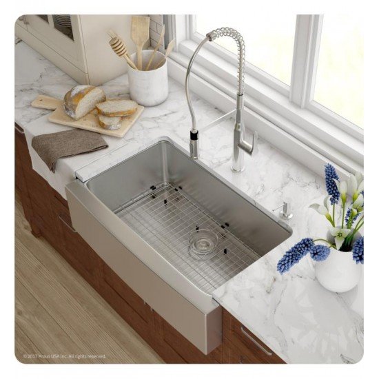 Kraus KHF200-33-1650-41 32 7/8" Single Bowl Farmhouse/Apron Front Stainless Steel Kitchen Sink with Pull-Down Kitchen Faucet and Soap Dispenser
