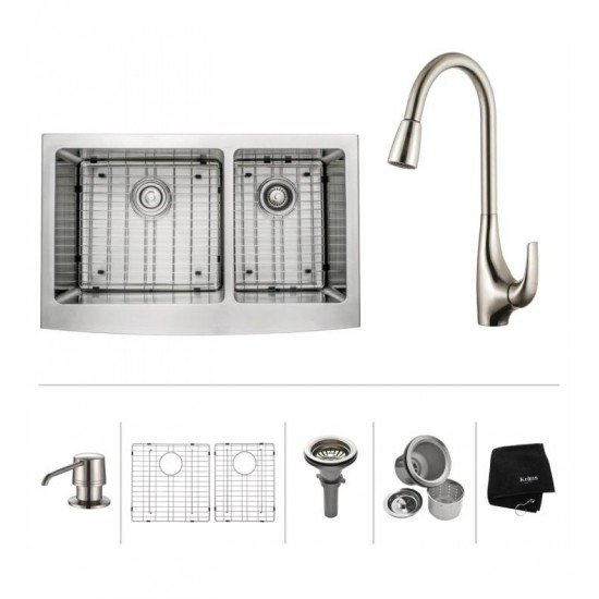 Kraus KHF203-33-KPF1621-KSD30CH 32 7/8" Double Bowl Farmhouse Stainless Steel Kitchen Sink with High Arch Pull Down Kitchen Faucet and Soap Dispenser