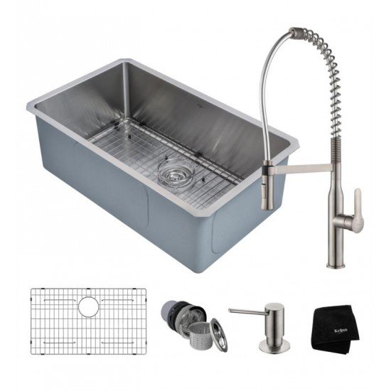 Kraus KHU100-30-1650-41 30" Single Bowl Undermount Stainless Steel Kitchen Sink with Pull-Down Kitchen Faucet and Soap Dispenser