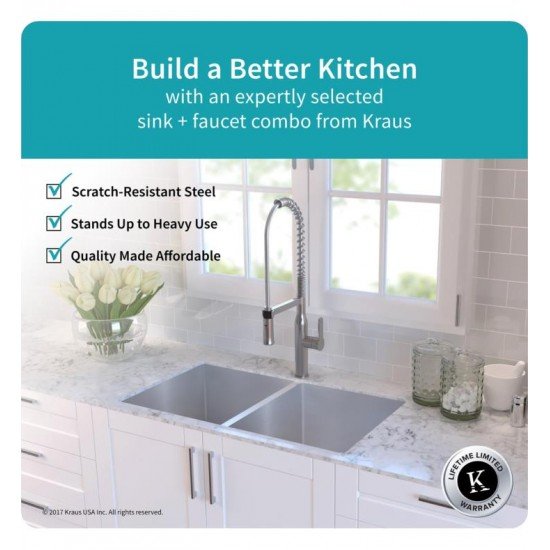 Kraus KHU102-33-1650-41 32 3/4" Double Bowl Undermount Stainless Steel Kitchen Sink with Pull-Down Kitchen Faucet and Soap Dispenser