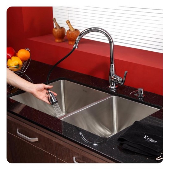 Kraus KHU103-33-KPF2230-KSD30SN 32 3/4" Double Bowl Undermount Stainless Steel Kitchen Sink with Kitchen Faucet and Soap Dispenser