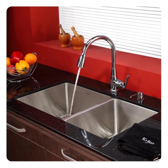 Kraus KHU103-33-KPF2230-KSD30SN 32 3/4" Double Bowl Undermount Stainless Steel Kitchen Sink with Kitchen Faucet and Soap Dispenser