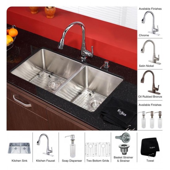 Kraus KHU103-33-KPF2230-KSD30SN 32 3/4" Double Bowl Undermount Stainless Steel Kitchen Sink with Kitchen Faucet and Soap Dispenser