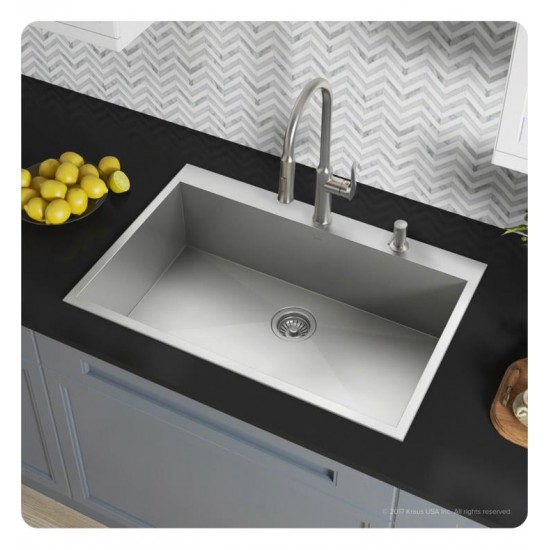 Kraus KP1TS33S-2 Pax 33" Single Bowl Drop-In Stainless Steel Rectangular Kitchen Sink in Satin Nickel with Two Pre-Drilled Holes