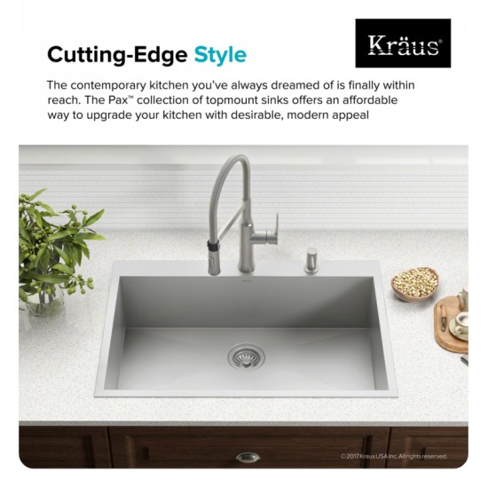 Kraus KP1TS33S-2 Pax 33" Single Bowl Drop-In Stainless Steel Rectangular Kitchen Sink in Satin Nickel with Two Pre-Drilled Holes