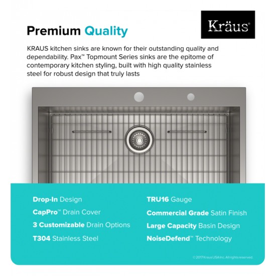 Kraus KP1TS33S-2 Pax 33" Single Bowl Drop-In Stainless Steel Rectangular Kitchen Sink in Satin Nickel with Two Pre-Drilled Holes