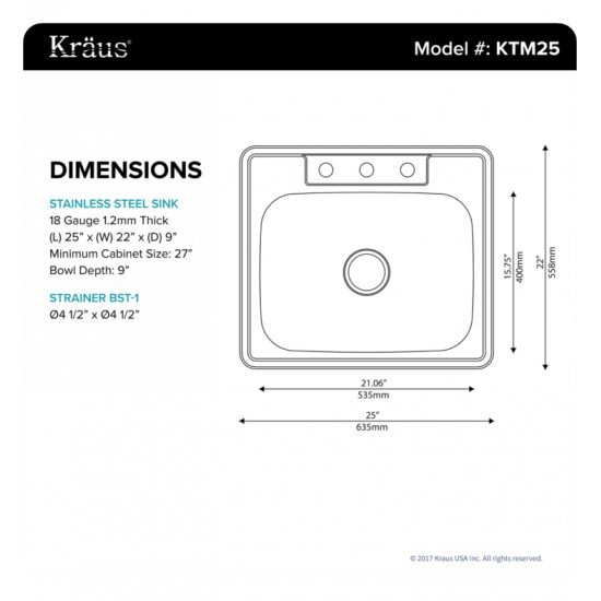 Kraus KTM25 25" Single Bowl Drop-In Stainless Steel Square Kitchen Sink