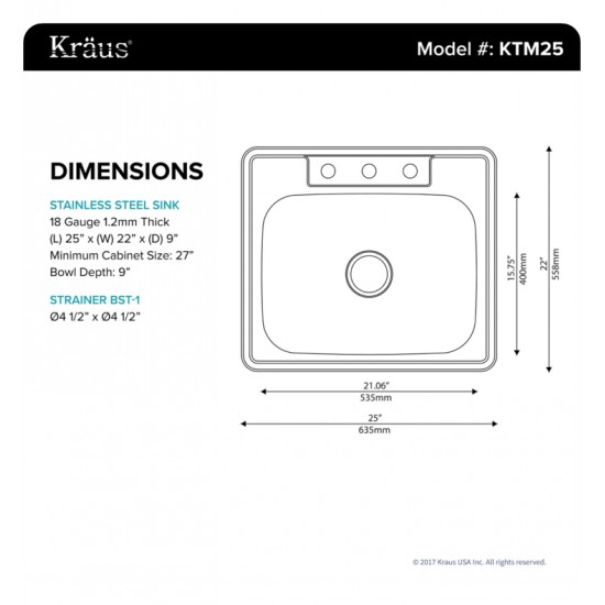 Kraus KTM25 25" Single Bowl Drop-In Stainless Steel Square Kitchen Sink