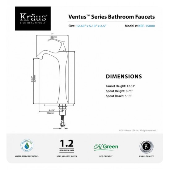 Kraus KEF-15000 Ventus Exquisite 7" 1.2 GPM Single Hole Vessel Bathroom Sink Faucet