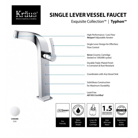 Kraus KEF-15100 Typhon Exquisite 7 1/4" 1.5 GPM Single Hole Vessel Bathroom Sink Faucet in Chrome