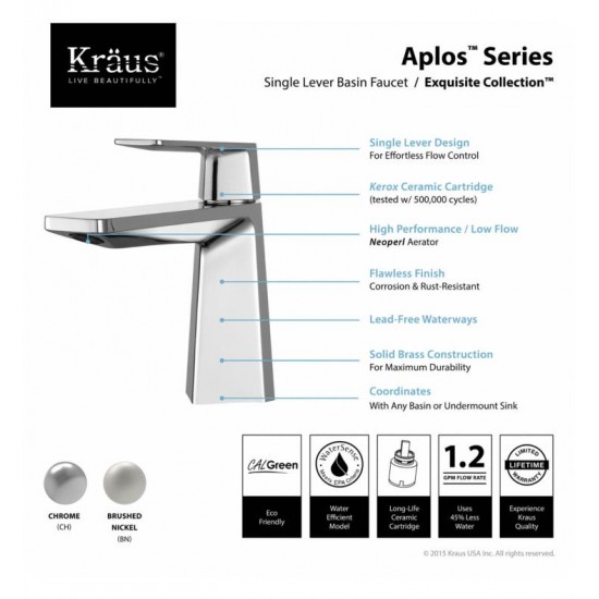 Kraus KEF-15301 Aplos Exquisite 5 3/4" Single Handle Vessel Bathroom Sink Faucet with Lift Rod Drain