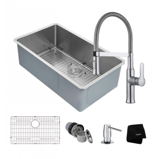 Kraus KHU100-32-1640-42CH 32" Single Bowl Undermount Stainless Steel Kitchen Sink with Flex Kitchen Faucet and Soap Dispenser