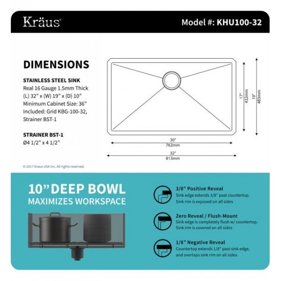 Kraus KHU100-32-1640-42CH 32" Single Bowl Undermount Stainless Steel Kitchen Sink with Flex Kitchen Faucet and Soap Dispenser