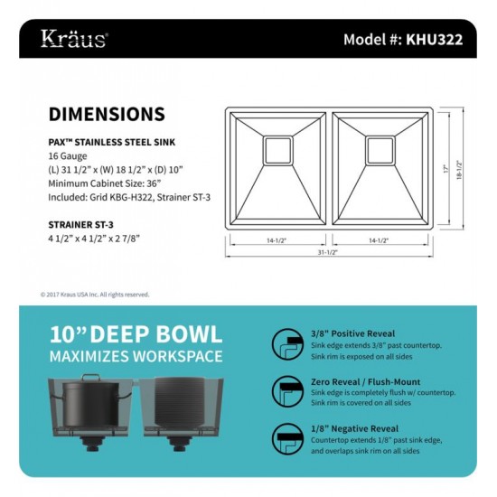 Kraus KHU322-2620-41 Pax 31 1/2" Double Bowl Undermount Stainless Steel Kitchen Sink with Pull-Down Kitchen Faucet and Soap Dispenser