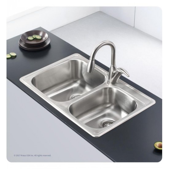 Kraus KTM32 33 1/8" Double Bowl Drop-In Stainless Steel Rectangular Kitchen Sink