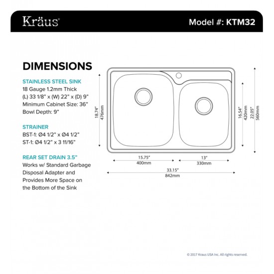 Kraus KTM32 33 1/8" Double Bowl Drop-In Stainless Steel Rectangular Kitchen Sink