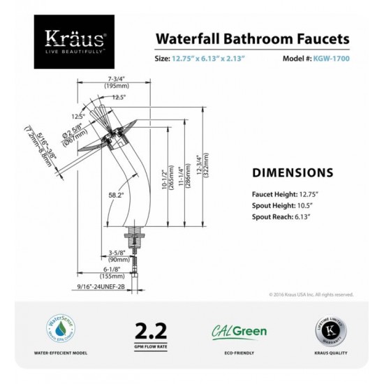 Kraus KGW-1700 7 3/4" 2.2 GPM Single Hole Vessel Glass Waterfall Bathroom Sink Faucet with Glass Disk