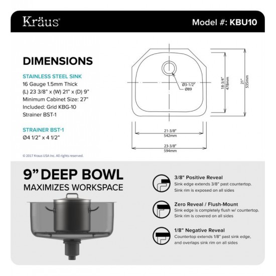 Kraus KBU10 23 3/8" Single Bowl Undermount Stainless Steel Arch Kitchen Sink Kit