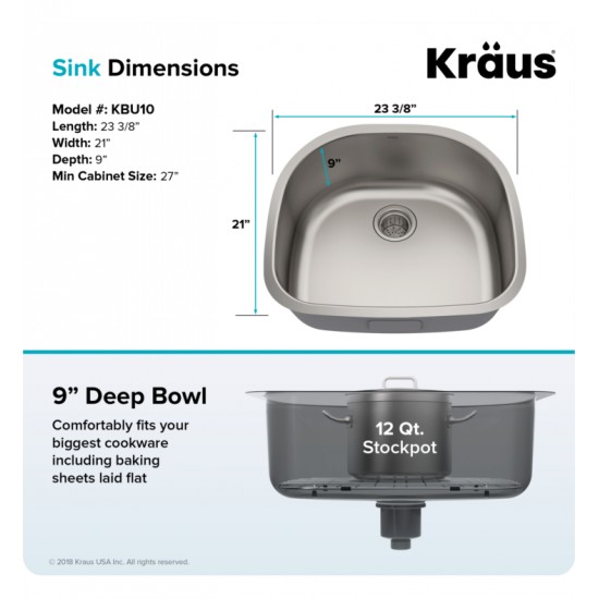 Kraus KBU10 23 3/8" Single Bowl Undermount Stainless Steel Arch Kitchen Sink Kit