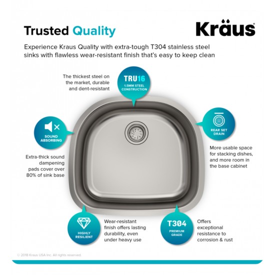 Kraus KBU10 23 3/8" Single Bowl Undermount Stainless Steel Arch Kitchen Sink Kit