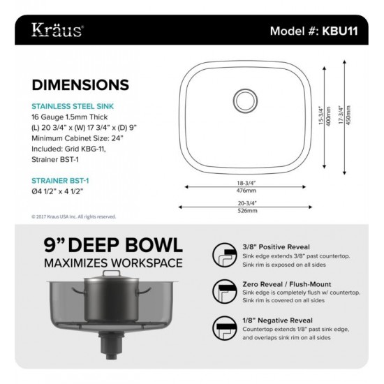 Kraus KBU11-KPF2160-SD20 20 3/4" Single Bowl Undermount Stainless Steel Kitchen Sink with Bar Faucet and Soap Dispenser