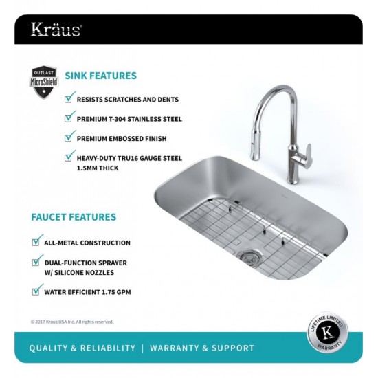 Kraus KBU14E-1630-42 Outlast MicroShield 31 1/2" Single Bowl Undermount Stainless Steel Kitchen Sink with Pull-Down Kitchen Faucet and Soap Dispenser