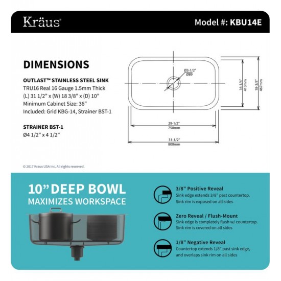 Kraus KBU14E-1640-42 Outlast MicroShield 31 1/2" Single Bowl Undermount Stainless Steel Kitchen Sink with Flex Kitchen Faucet and Soap Dispenser