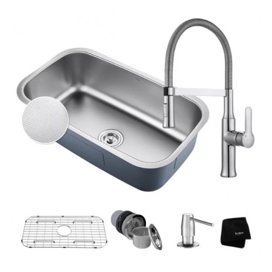 Kraus KBU14E-1640-42 Outlast MicroShield 31 1/2" Single Bowl Undermount Stainless Steel Kitchen Sink with Flex Kitchen Faucet and Soap Dispenser